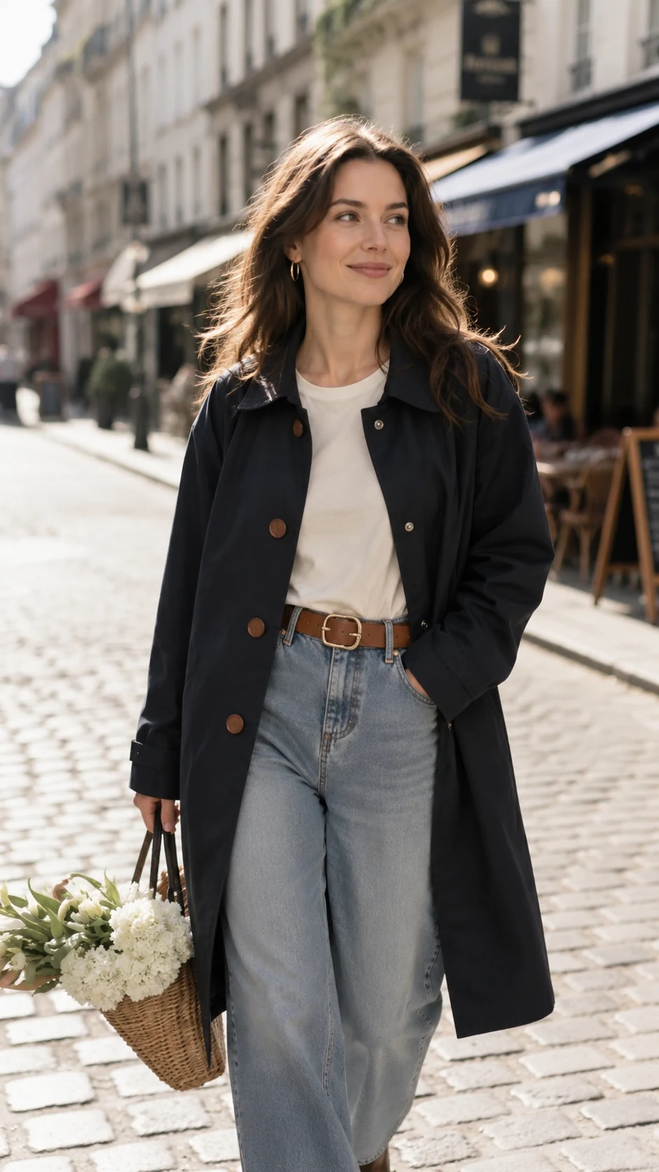 AI clothes changer result: female wearing Navy Mac Coat + Leather Belt in European city street