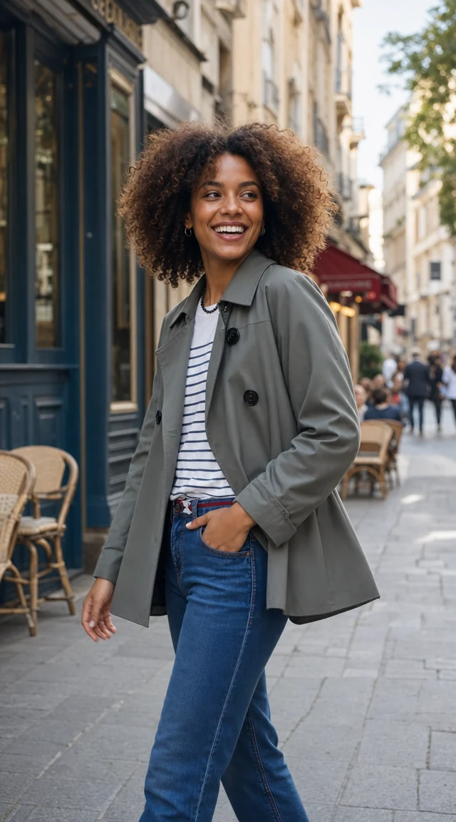 AI clothes changer result: female wearing Sage Trench + Striped Tee in European city street