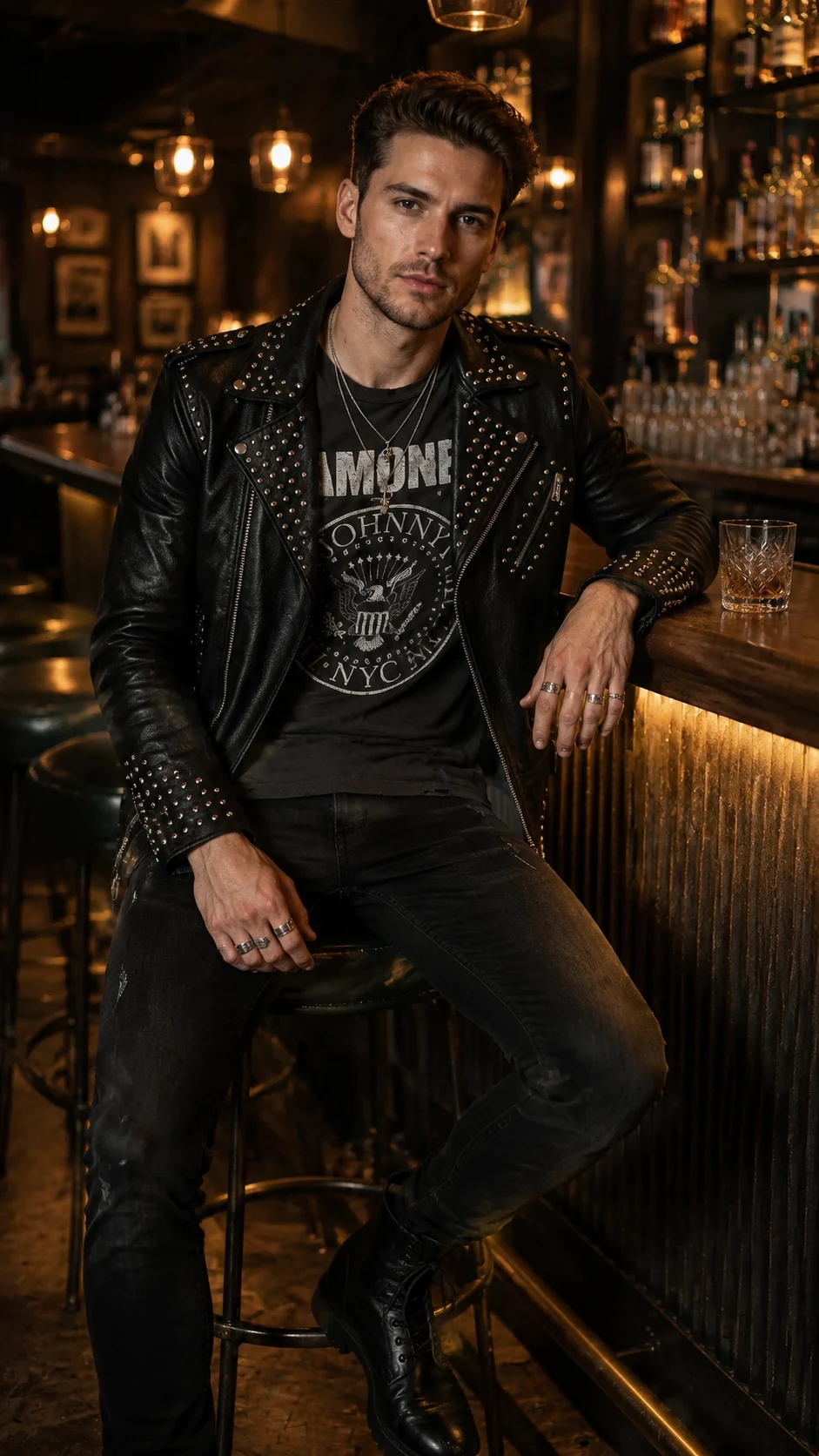 AI clothes changer result: male wearing Punk Rocker Studded Leather in upscale bar lounge
