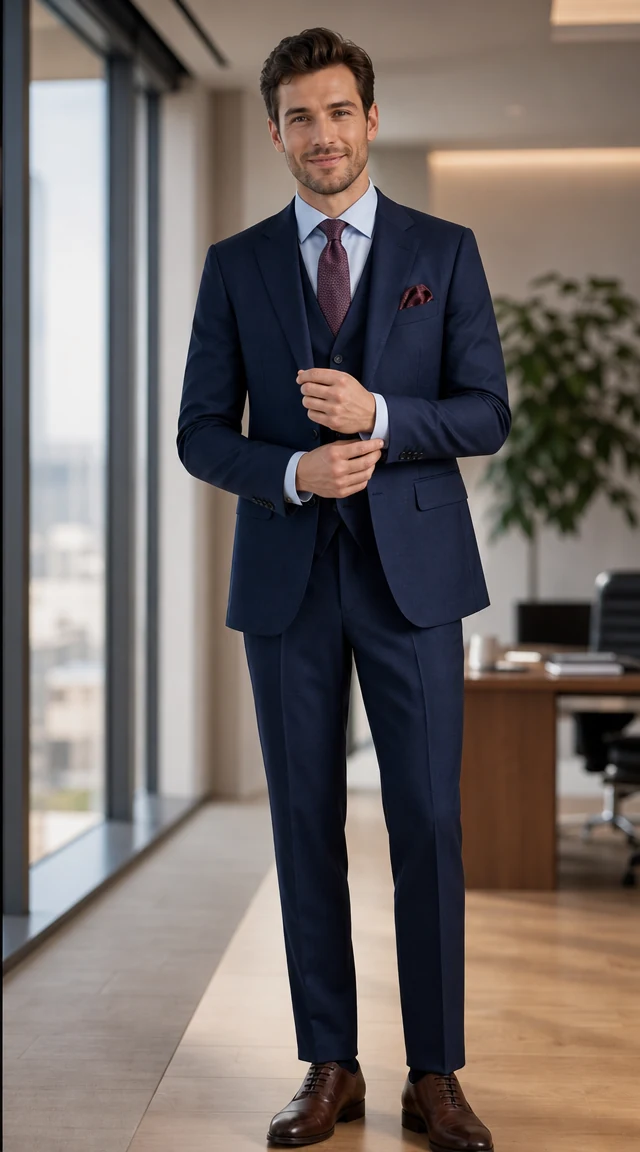 AI clothes changer result: male wearing Navy 3-Piece Suit in modern minimal office
