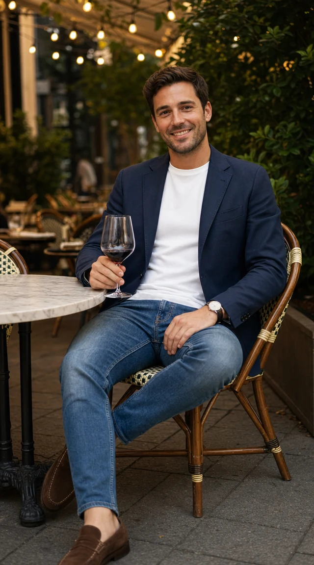 AI clothes changer result: male wearing Navy Blazer + White Tee in outdoor restaurant patio