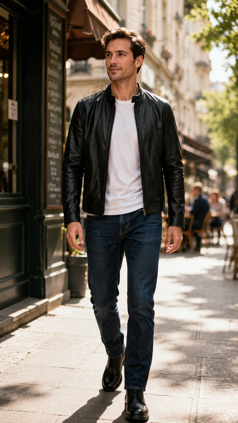 AI outfit generator result: man in a black leather jacket on a Parisian street