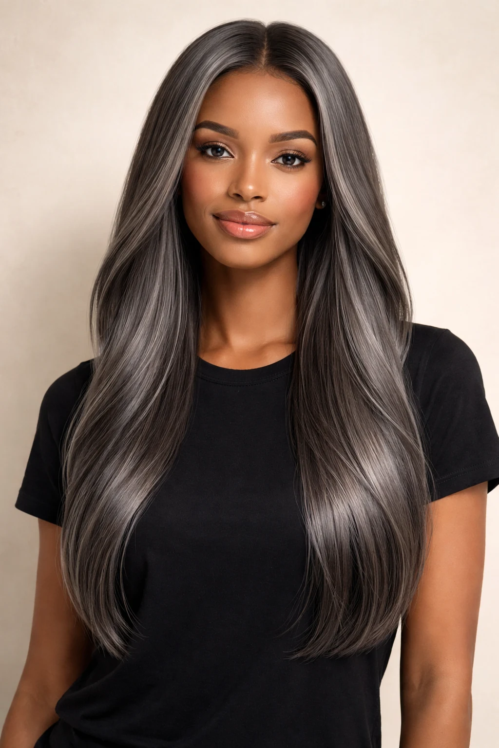 AI hair color changer result: Ash Grey / Silver on female black