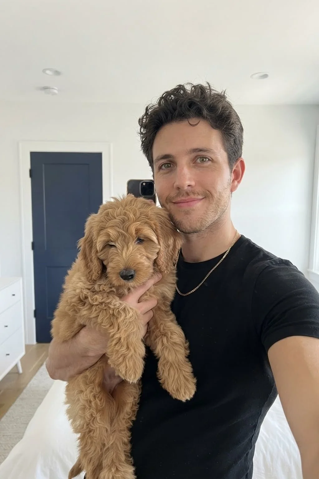 AI portrait generator result: puppy bedroom selfie