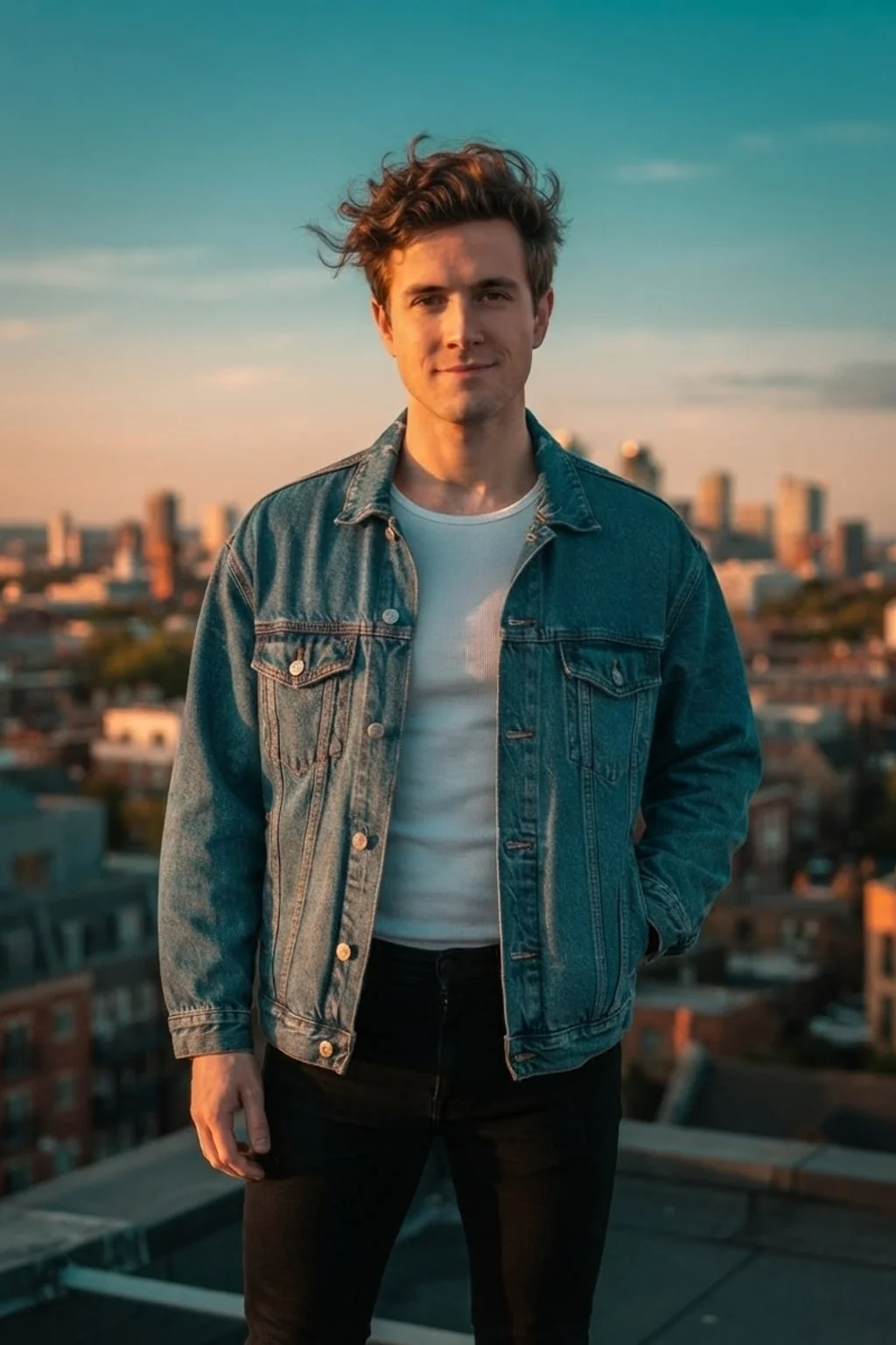 AI portrait generator result: rooftop denim golden hour