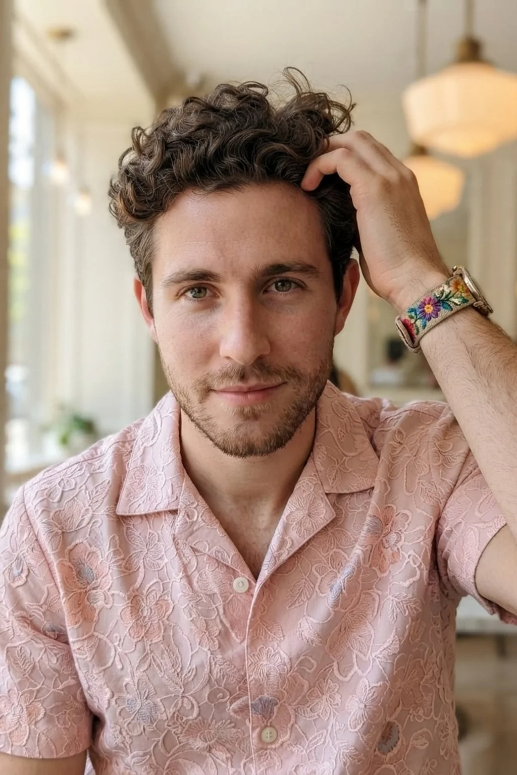 AI portrait generator result: pink floral shirt cafe