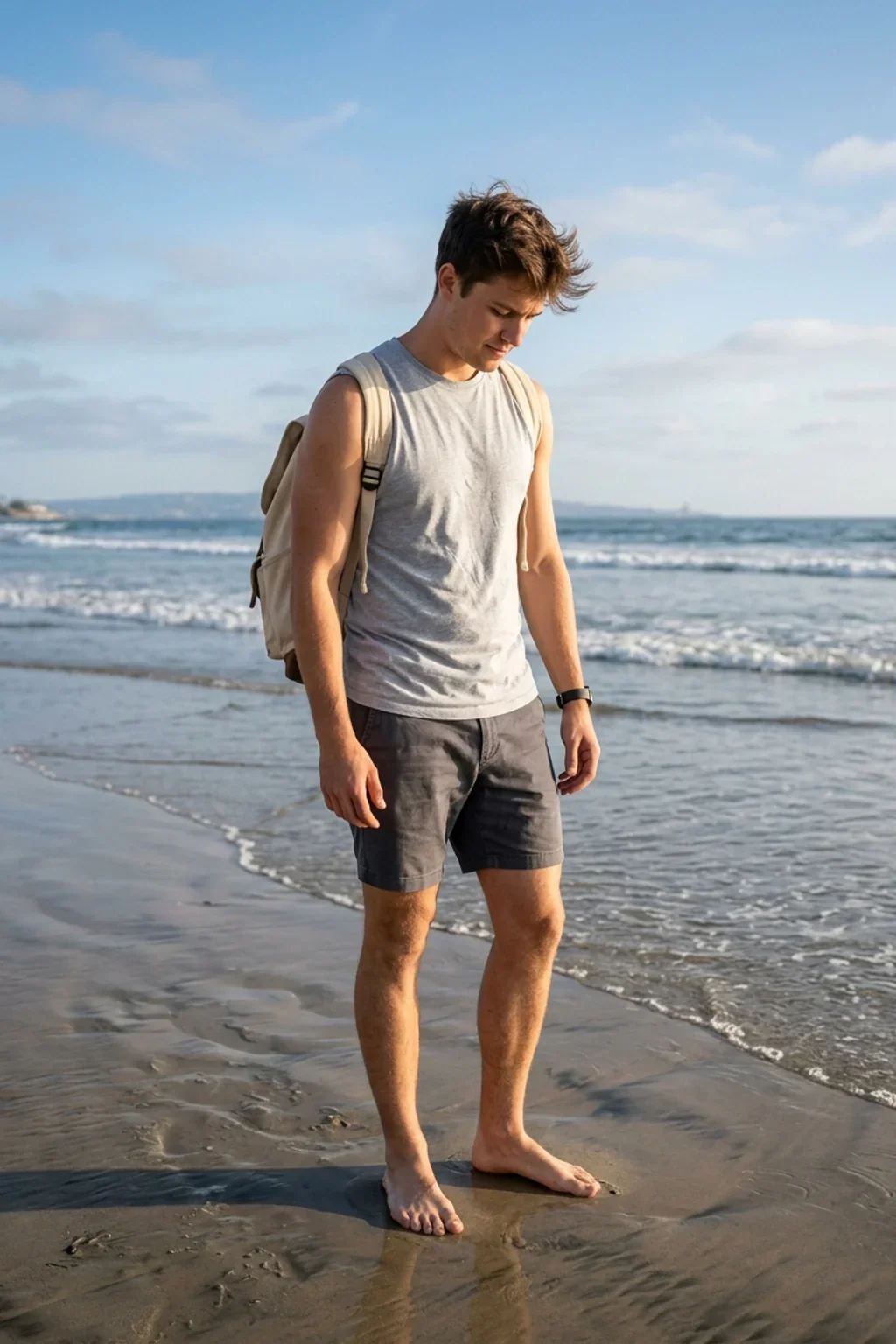 AI portrait generator result: beach shoreline backpack