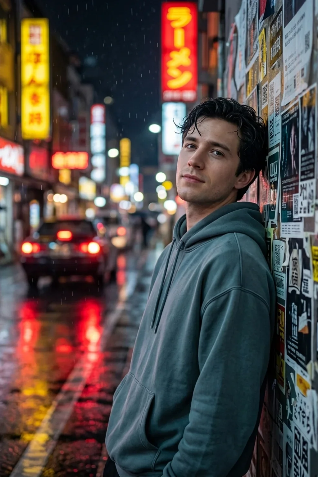 AI portrait generator result: neon rain street hoodie