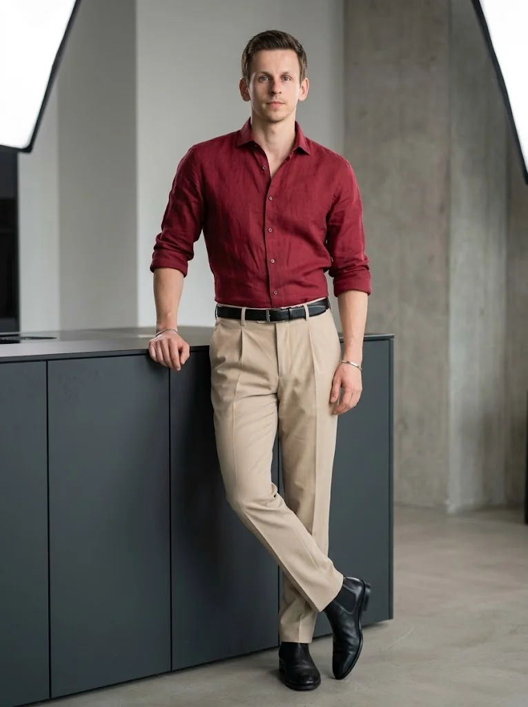 AI portrait generator result: editorial red shirt