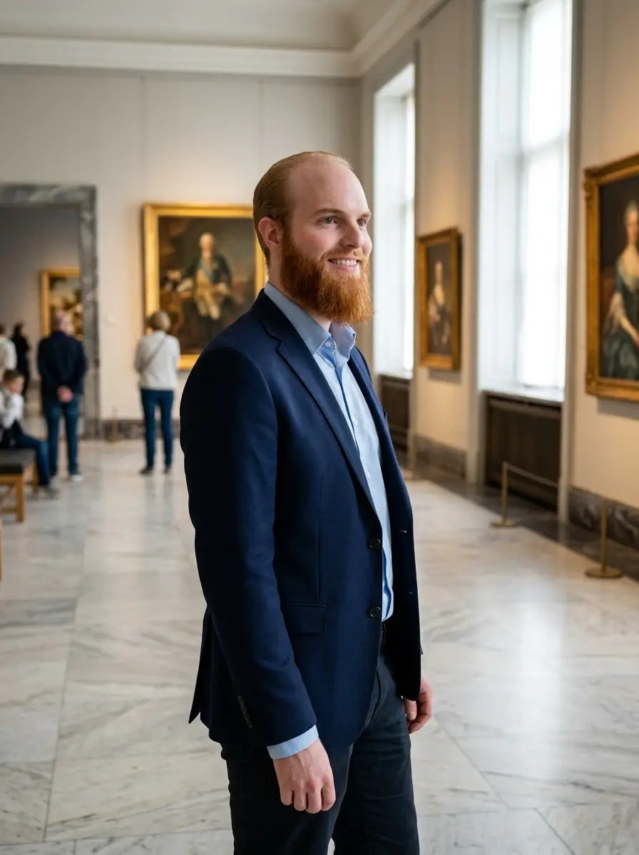 art-museum dating photo — Bearded man in navy blazer posing in museum portrait gallery