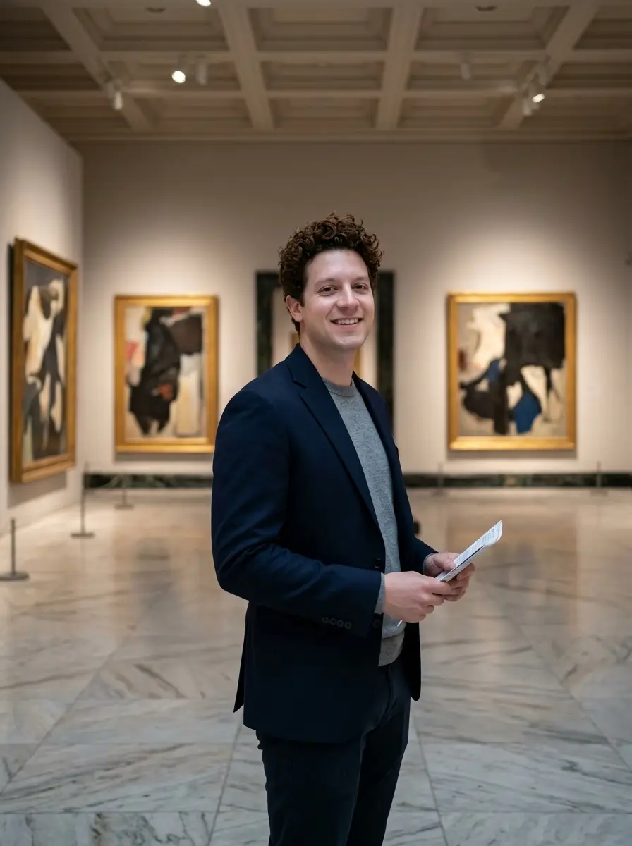 art-museum dating photo — Curly-haired man holding pamphlet in modern art gallery