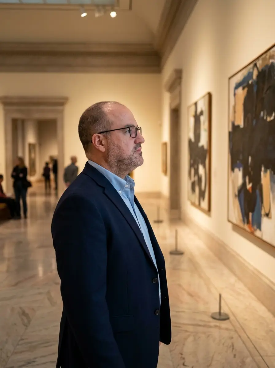 art-museum dating photo — Man with glasses viewing abstract painting in museum gallery
