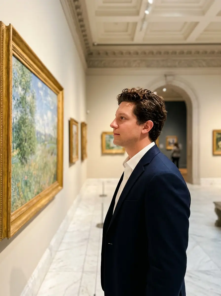 art-museum dating photo — Man in blazer viewing framed landscape painting in museum gallery