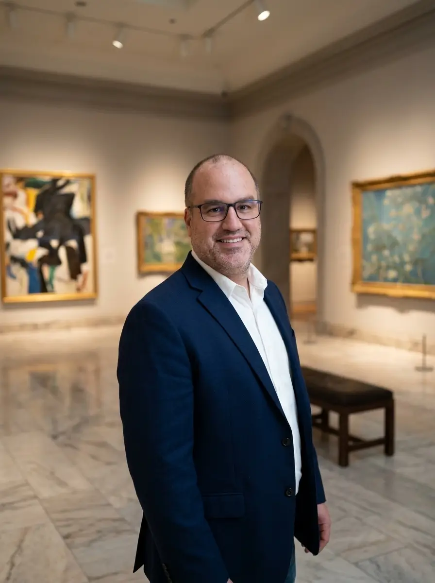 art-museum dating photo — Smiling man in navy blazer and glasses posing in art museum hall