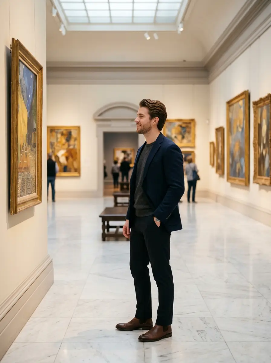 art-museum dating photo — Young man in blazer admiring paintings in marble-floored gallery
