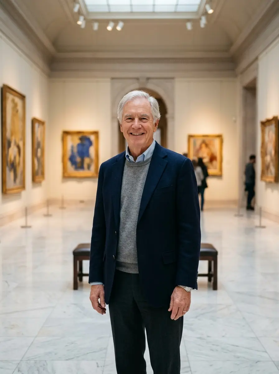 art-museum dating photo — Older man in navy blazer smiling in spacious museum gallery