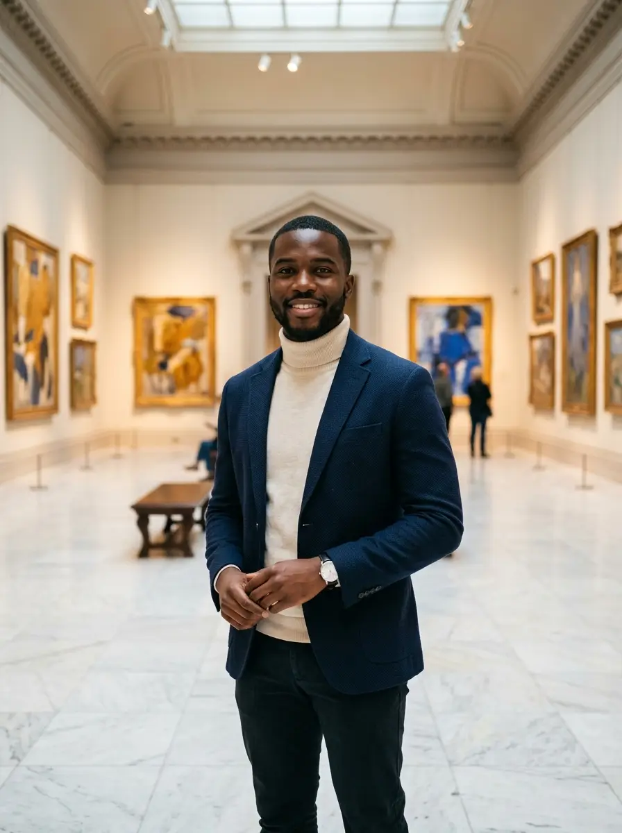 art-museum dating photo — Smiling man in navy blazer standing in art museum gallery