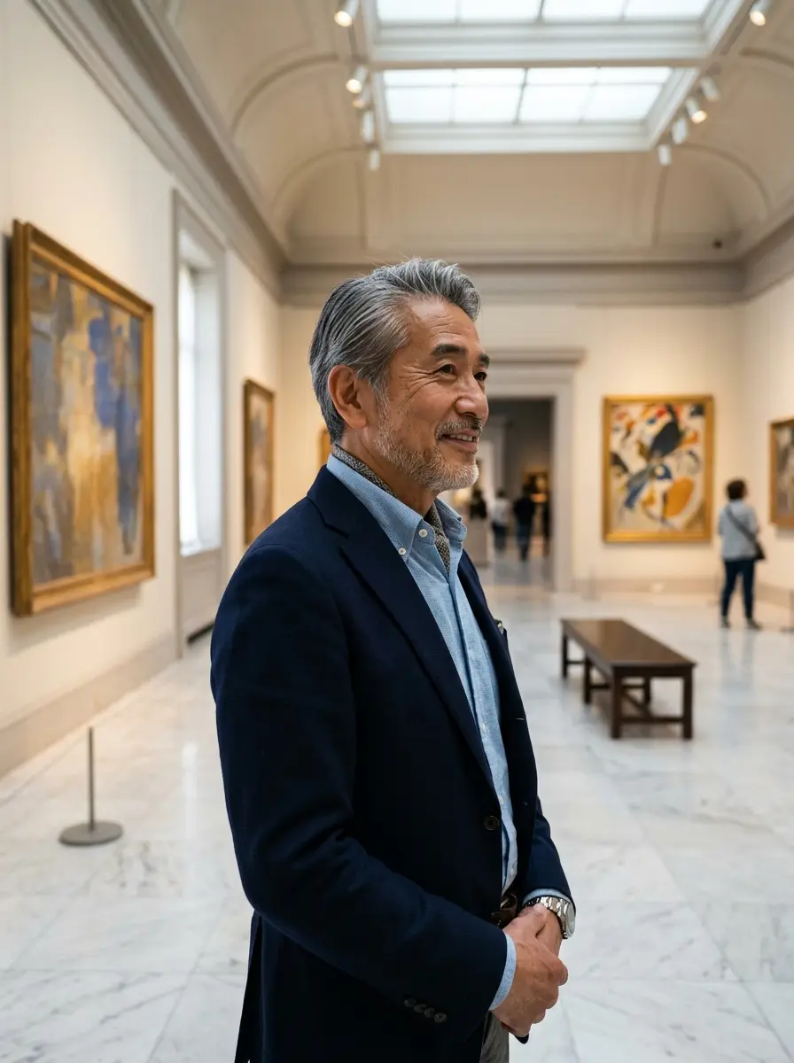 art-museum dating photo — Man in blazer gazing up at paintings in museum gallery