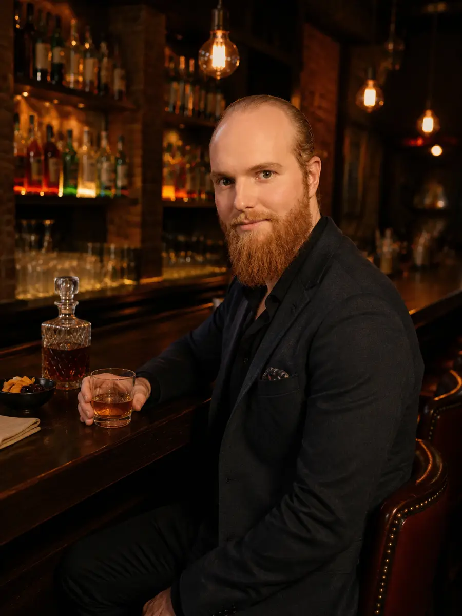 bar-lounge dating photo — bearded man in dark blazer holding whiskey glass at bar counter