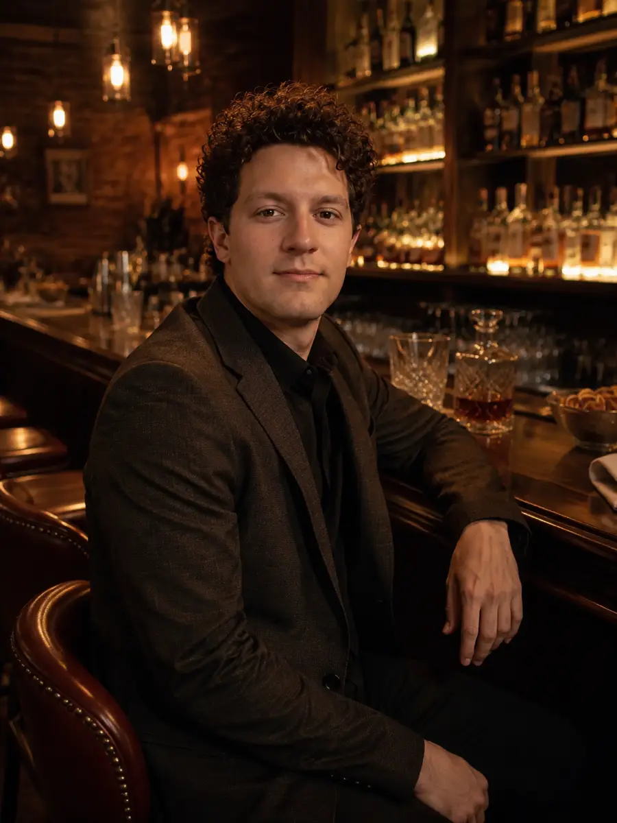 bar-lounge dating photo — curly-haired man in dark suit seated at dimly lit whiskey bar