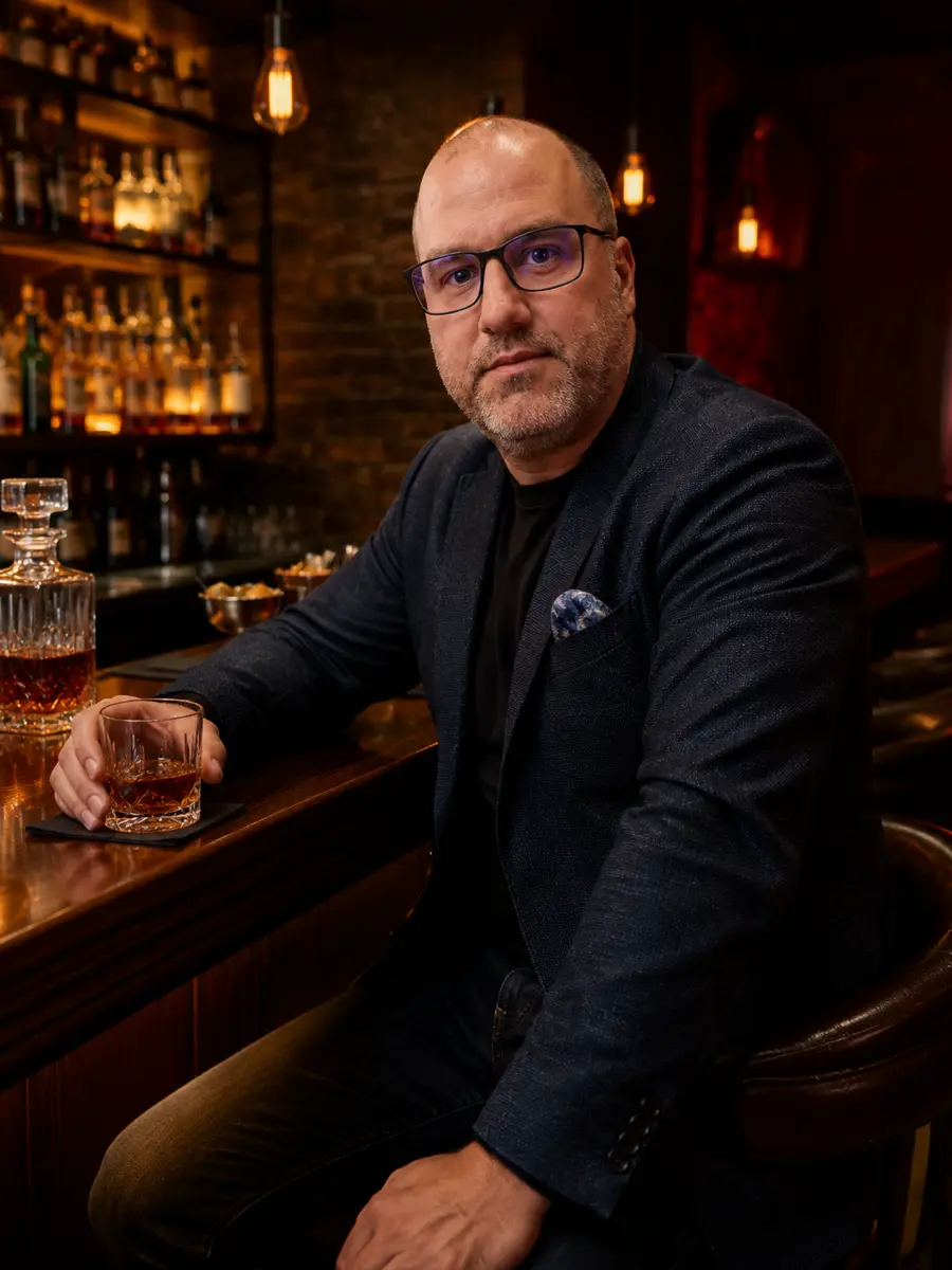 bar-lounge dating photo — man with glasses in blazer holding whiskey glass at bar counter