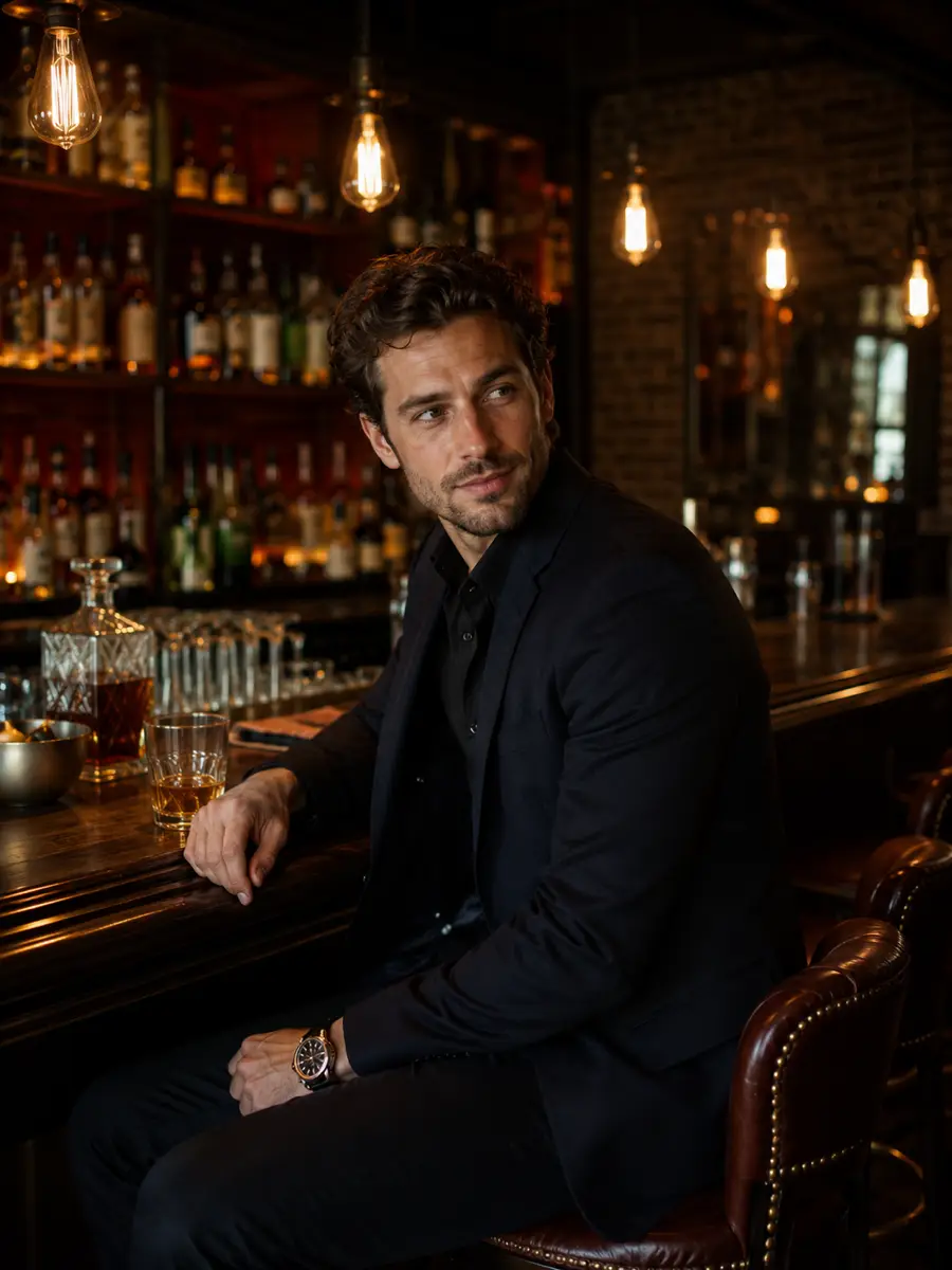 bar-lounge dating photo — man in dark suit seated at bar with whiskey glass looking aside
