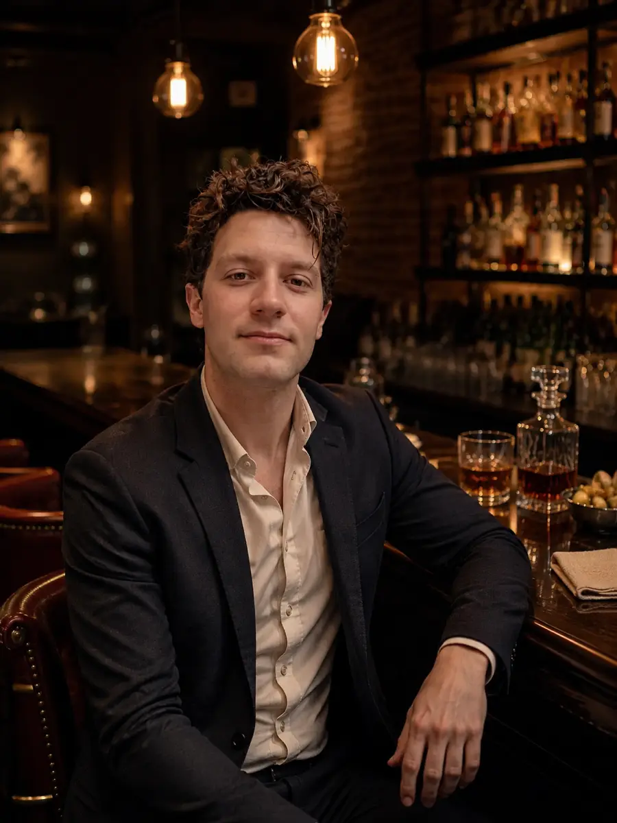 bar-lounge dating photo — curly-haired man in blazer seated at bar with whiskey decanter