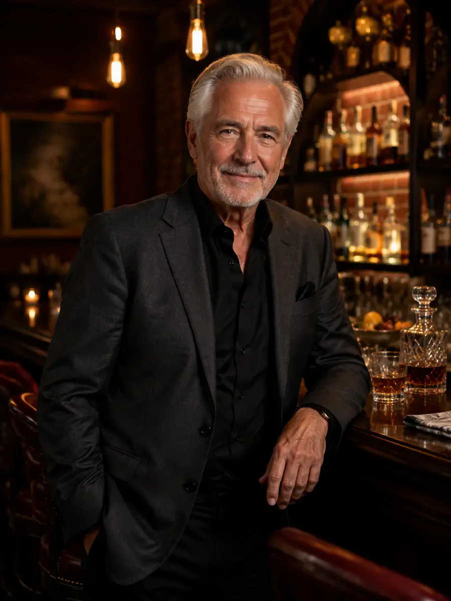 bar-lounge dating photo — silver-haired man in blazer leaning on bar counter smiling