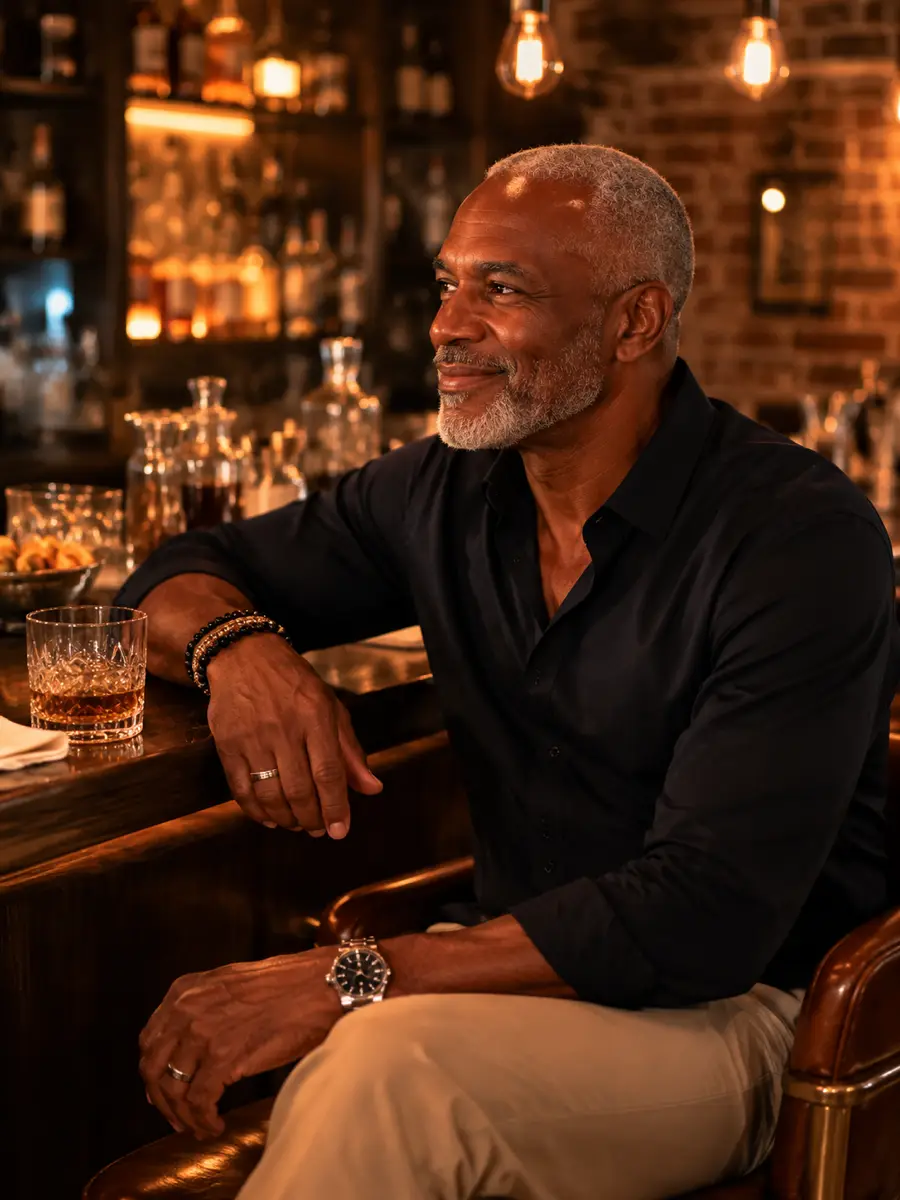 bar-lounge dating photo — man in black shirt seated at bar with whiskey glass looking aside