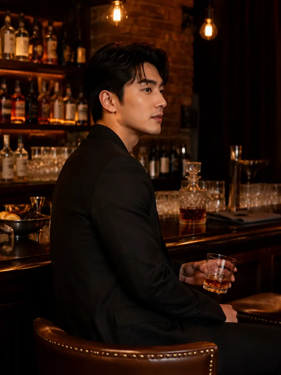 bar-lounge dating photo — man in black suit holding whiskey glass seated at bar in profile