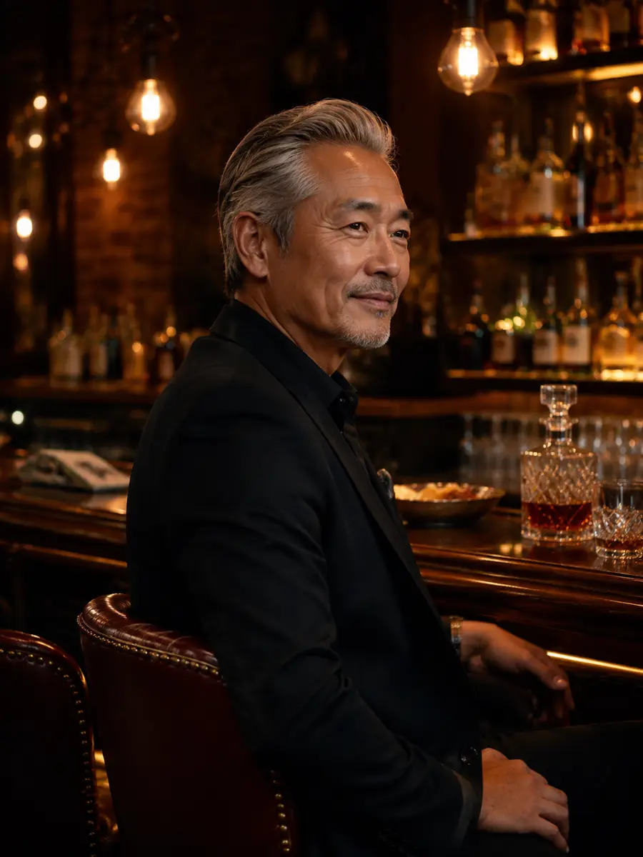 bar-lounge dating photo — silver-haired man in black blazer smiling seated at whiskey bar