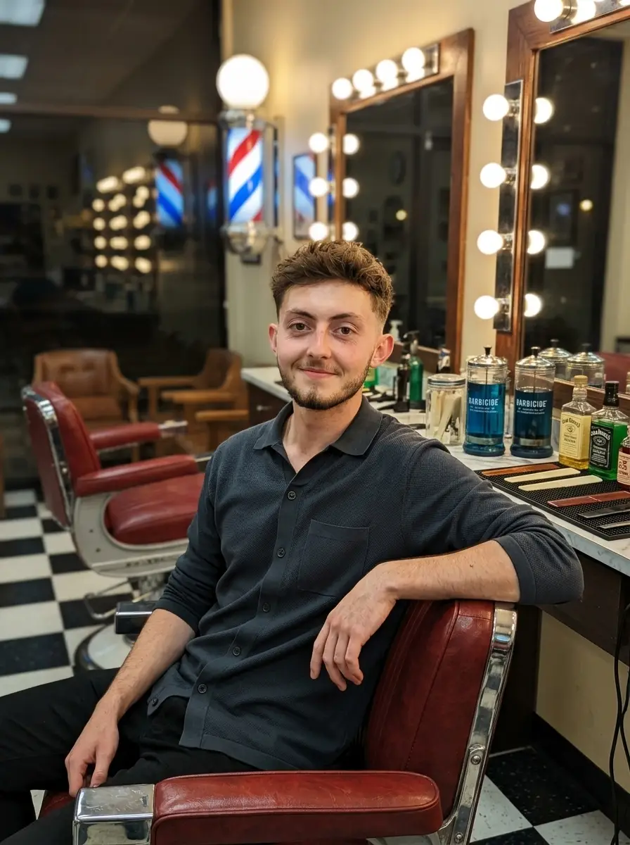 barbershop dating photo — young man seated in barber chair beside lit vanity mirror