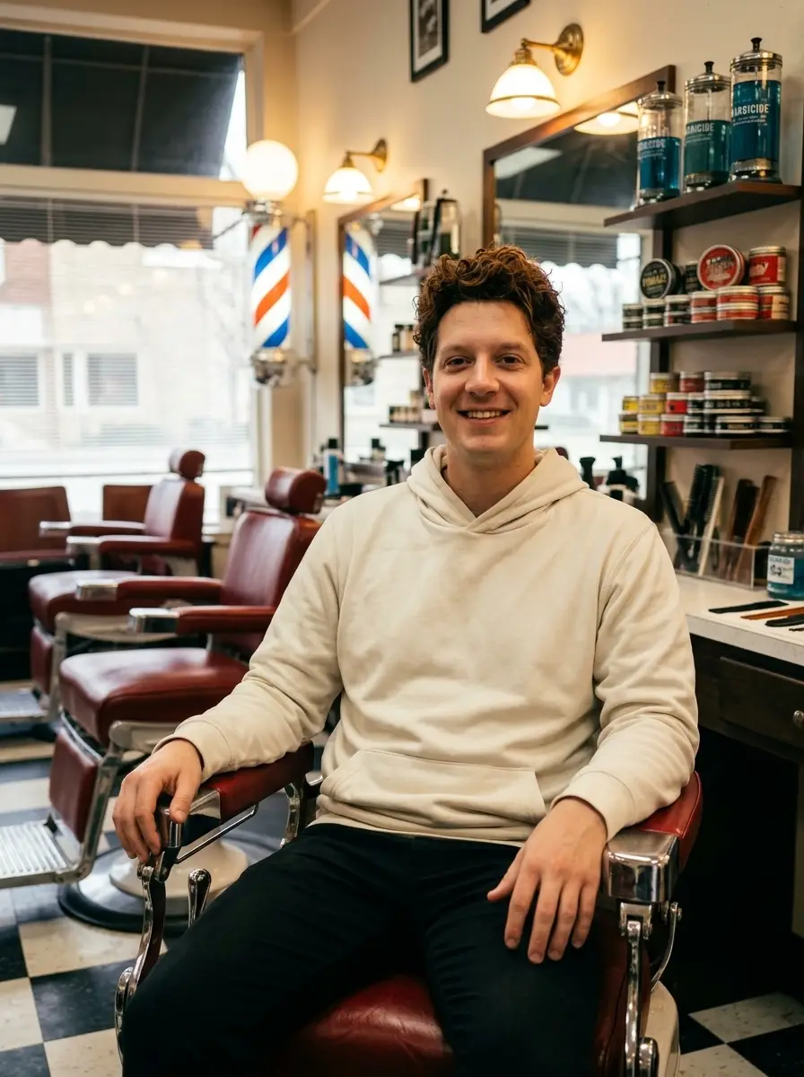 barbershop dating photo — man in cream hoodie sitting in barber chair near barber pole