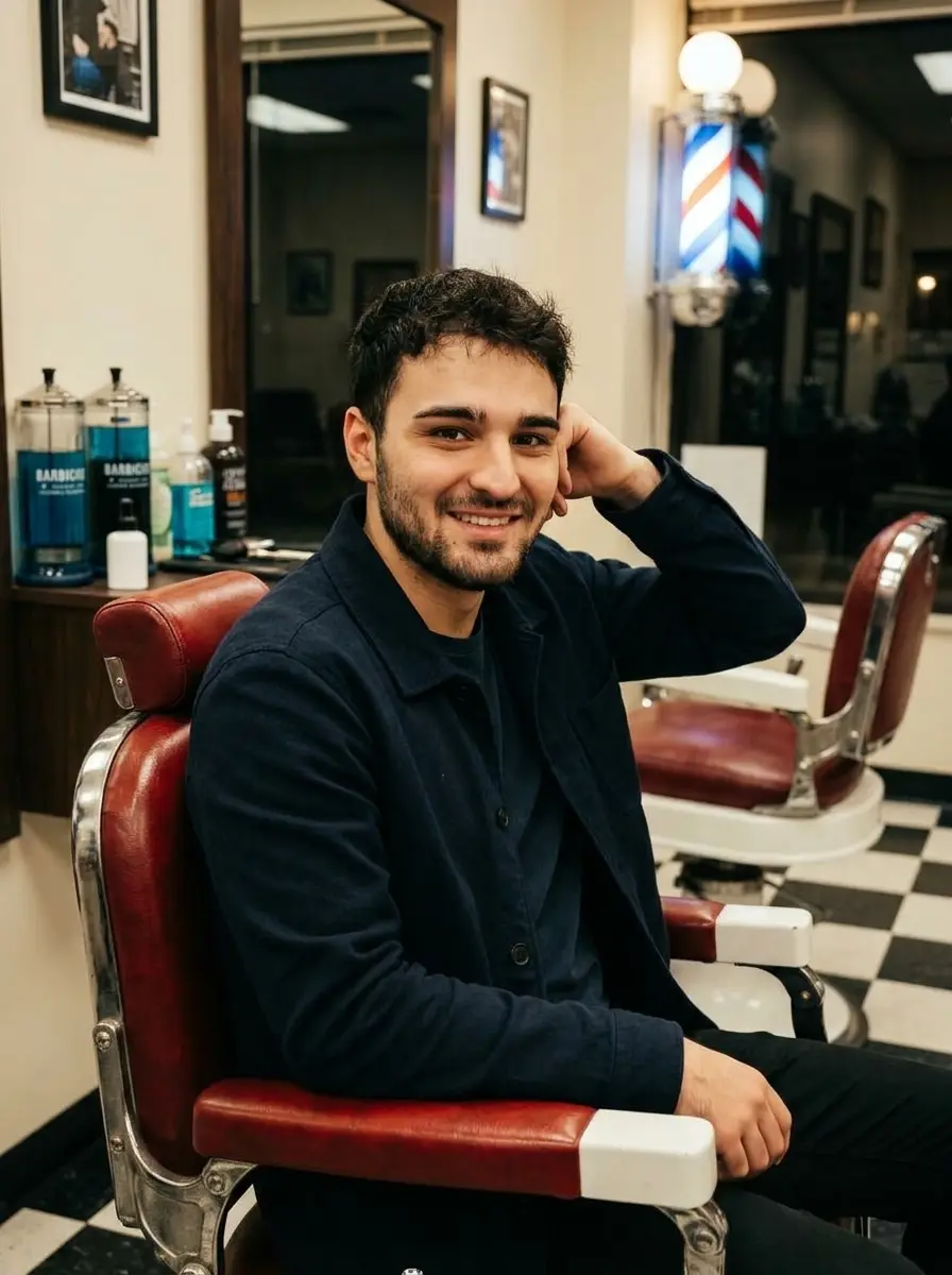 barbershop dating photo — bearded man resting hand on head in red barber chair