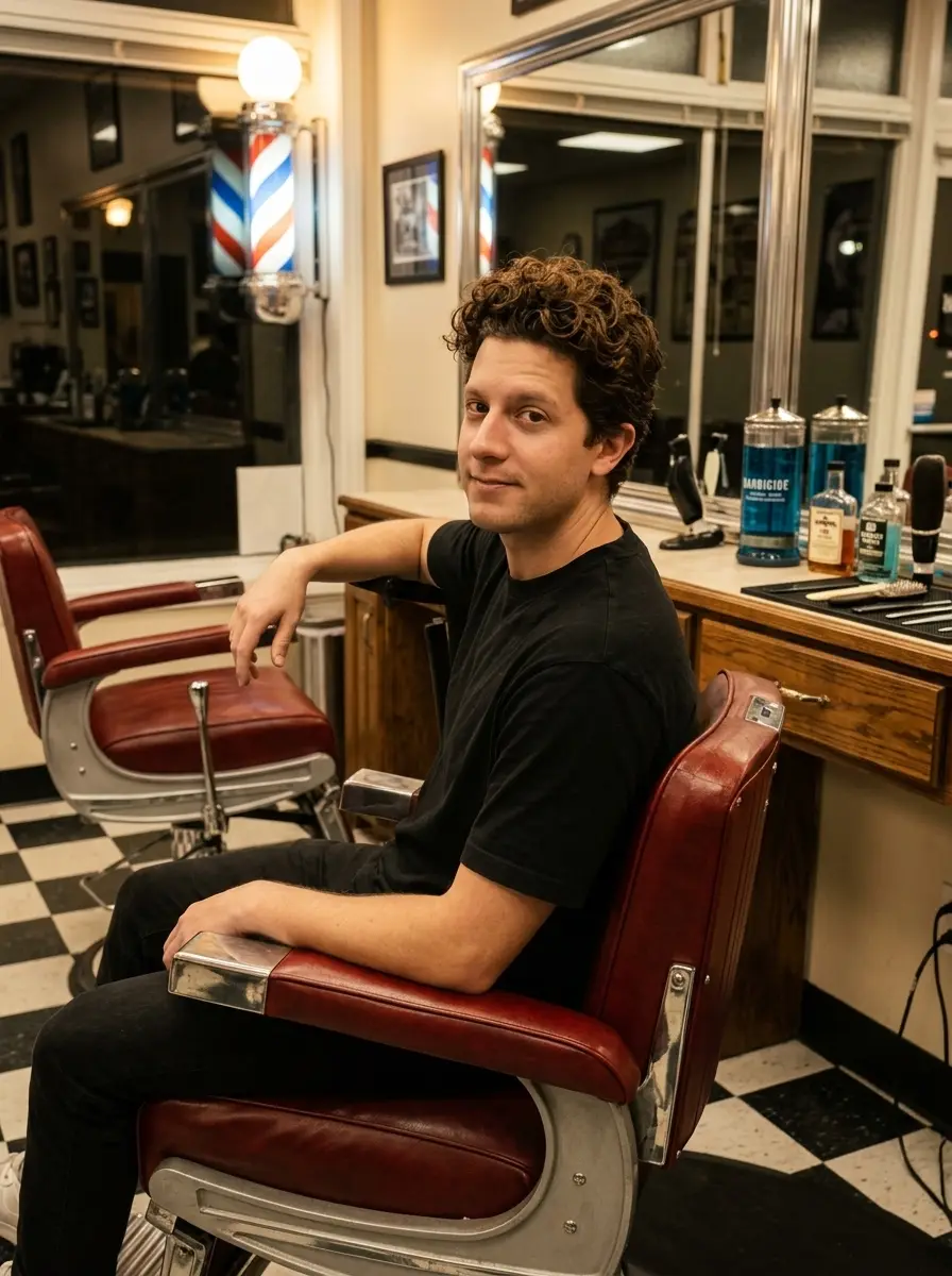 barbershop dating photo — curly-haired man turned in barber chair beside counter products