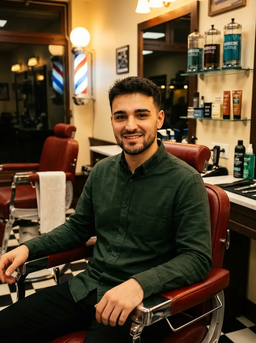 barbershop dating photo — smiling man in green shirt seated in red barber chair