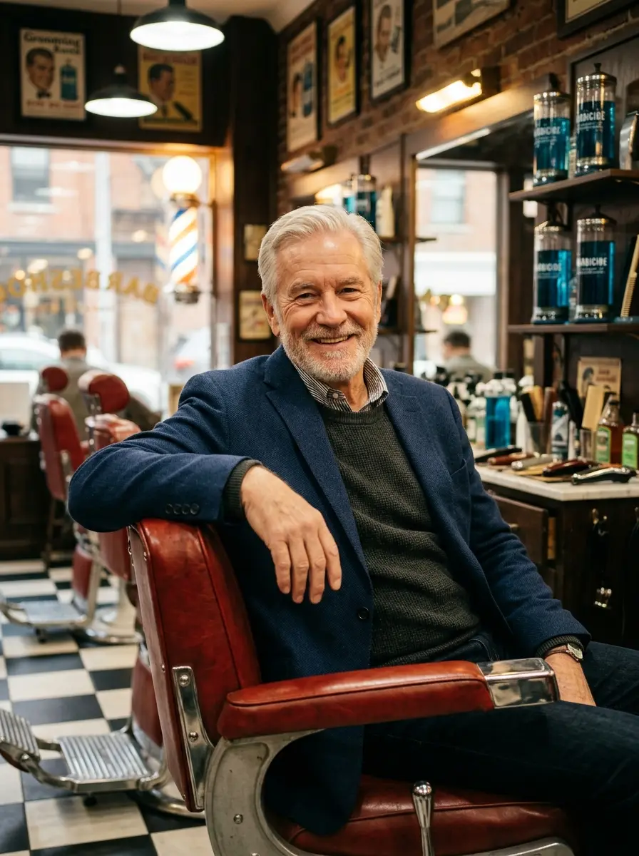 barbershop dating photo — older man in blazer smiling in vintage barbershop chair