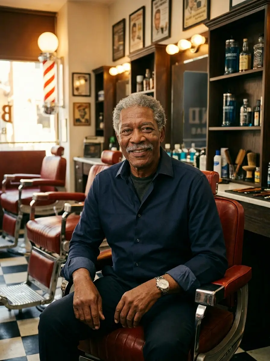 barbershop dating photo — older man in navy shirt seated smiling in barbershop chair