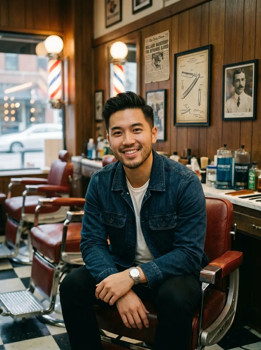 barbershop dating photo — smiling man in denim jacket sitting in barber chair near window