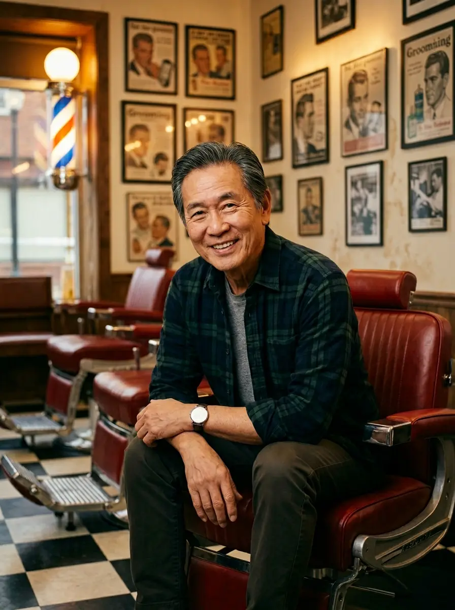 barbershop dating photo — smiling man sitting in red leather barber chair with vintage posters