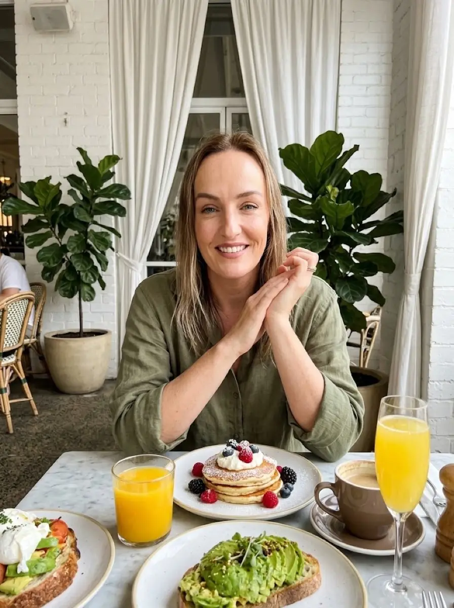 brunch dating photo — woman smiling at cafe table with pancakes, avocado toast and mimosa