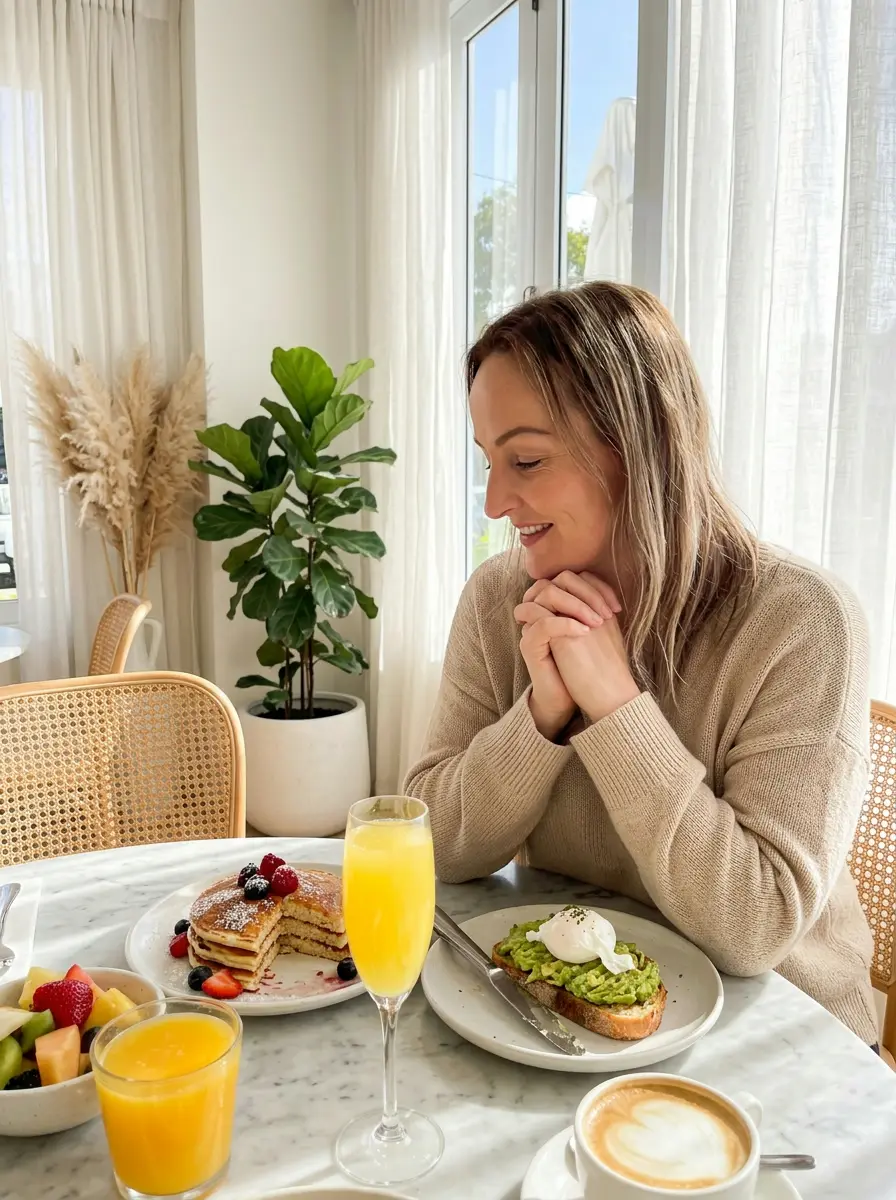 brunch dating photo — Smiling woman in beige sweater admires brunch spread with mimosa and pancakes