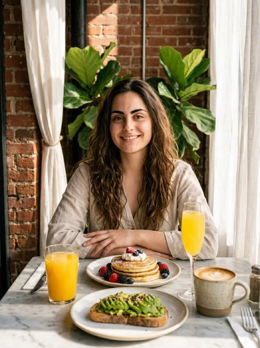brunch dating photo — Smiling woman seated at marble table with pancakes, avocado toast and mimosa