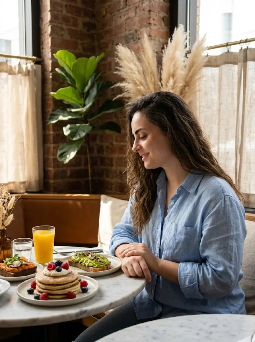 brunch dating photo — Woman in blue shirt looks down at brunch plates beside pampas grass