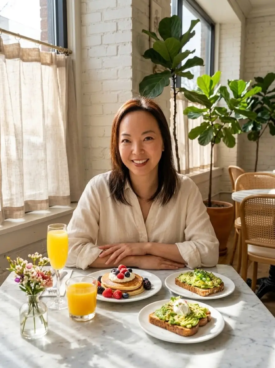 brunch dating photo — Smiling woman at marble table with pancakes, avocado toast and mimosa