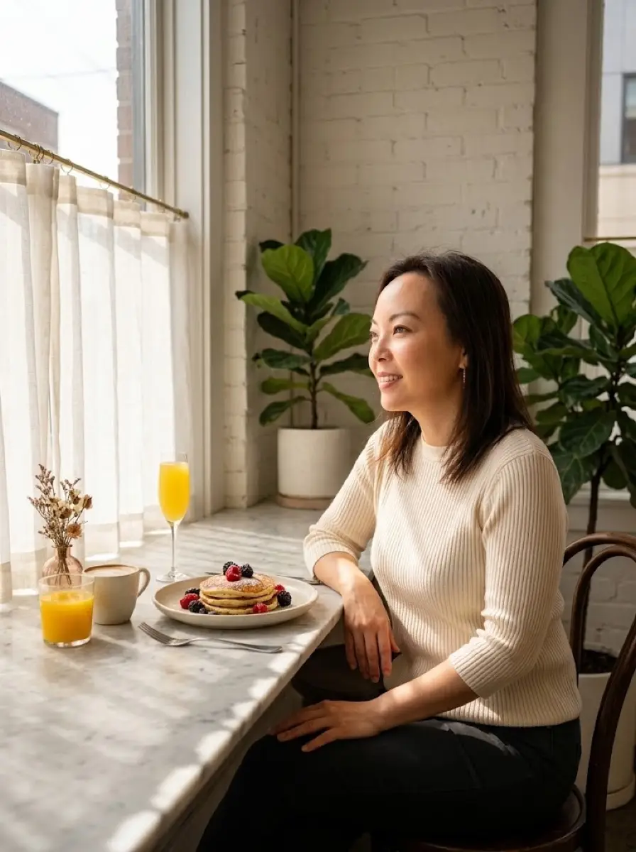 brunch dating photo — woman seated at cafe table with pancakes and mimosa by window