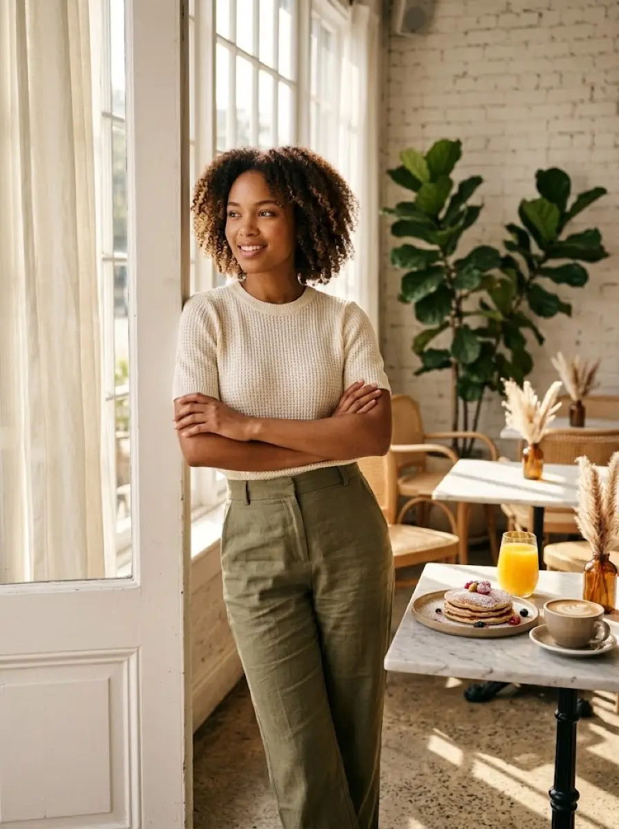 brunch dating photo — woman with arms crossed standing by cafe window near brunch table
