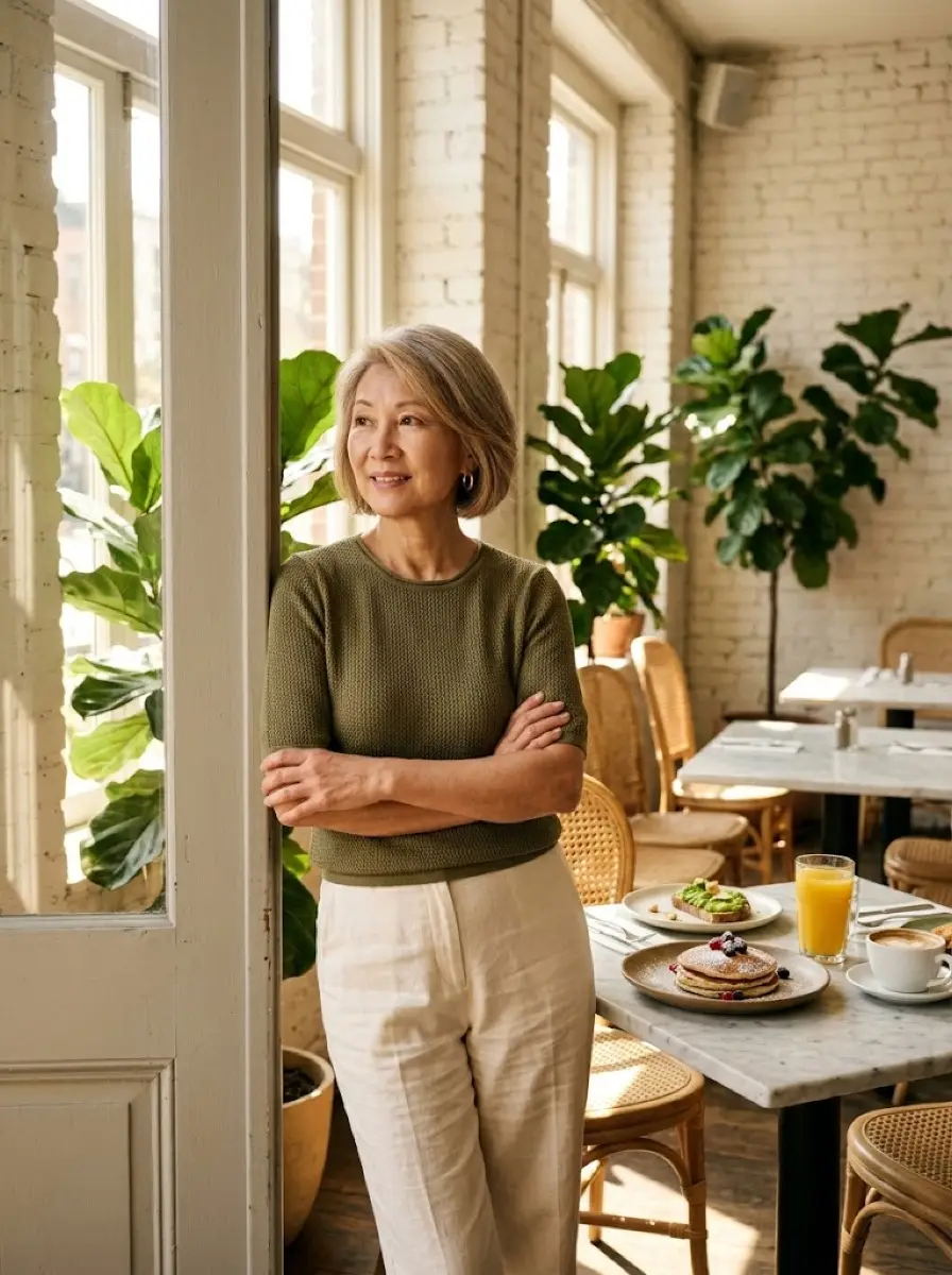 brunch dating photo — older woman leaning by doorway in plant-filled cafe with brunch