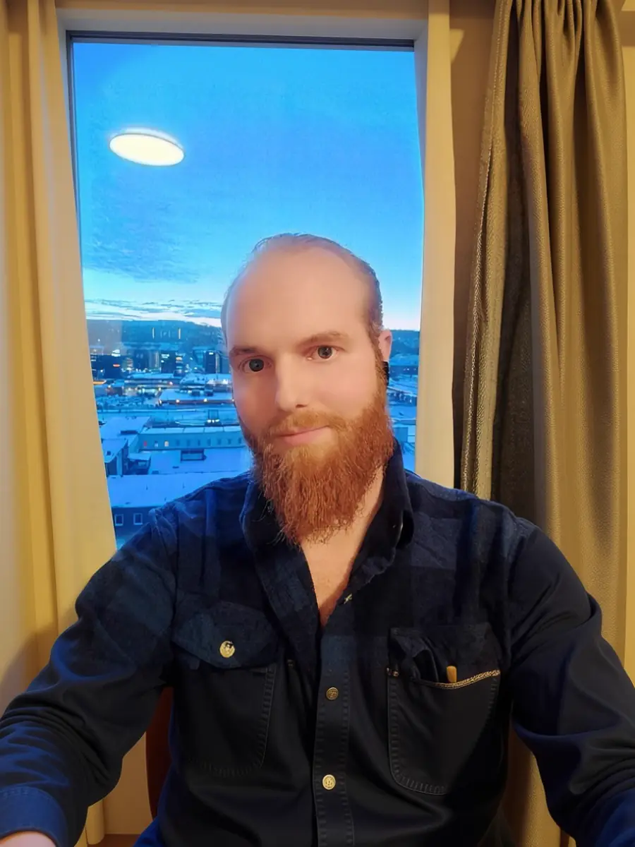 Before: Before and after AI coffee shop dating photo transformation — plain background shot to relaxed café portrait.