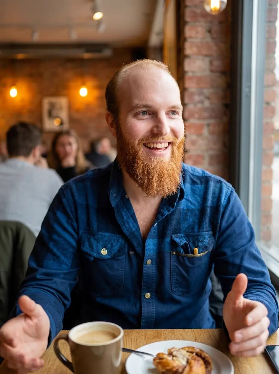 After: Before and after AI coffee shop dating photo transformation — plain background shot to relaxed café portrait.